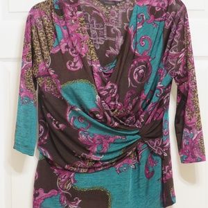 Wrap Blouse - 3/4 sleeve - Drape Neck Teal/Purple